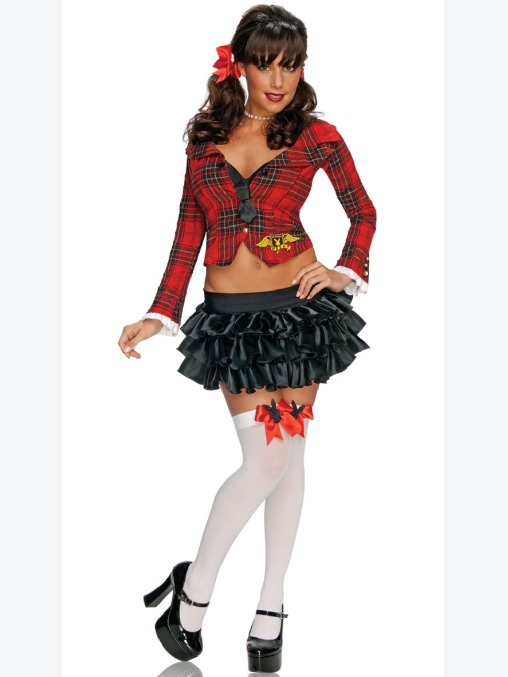 PLAYBOY Red Plaid schoolgirl uniform costume Jacket Black Ruffled Skirt S 2-6